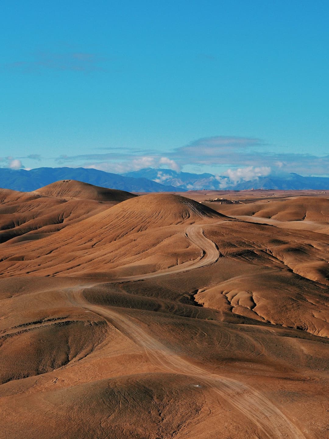 Collines du désert d’Agafay, l’Atlas enneigé à l’horizon
