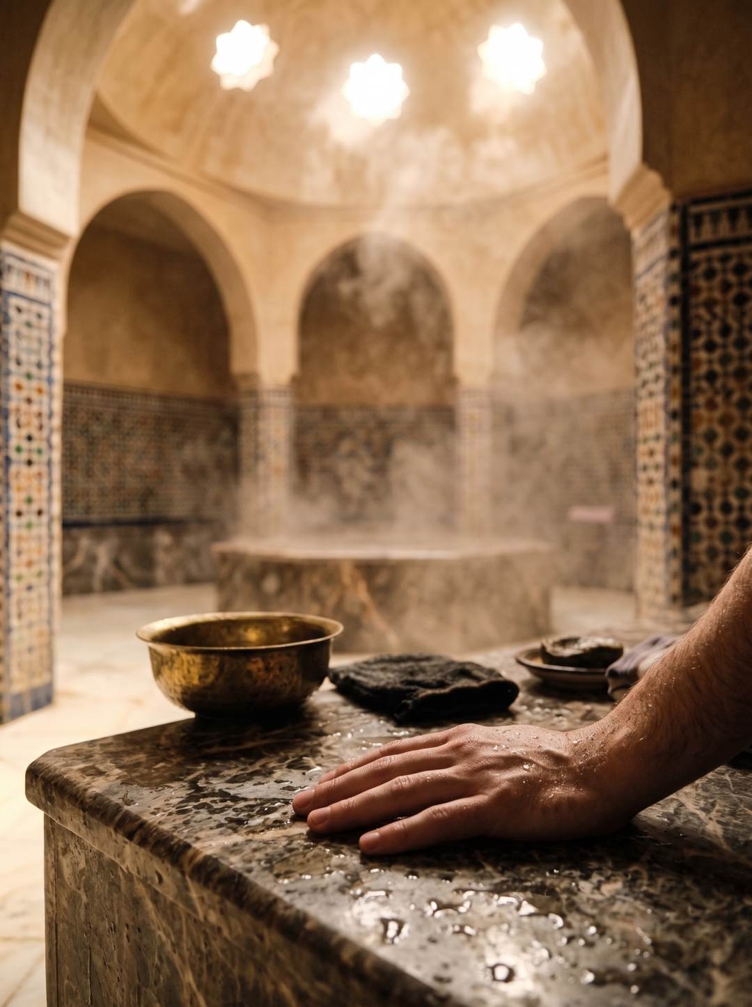 Hammam traditionnel : salle voûtée en zellige, vapeur, bol en laiton et gant de gommage sur la pierre chaude