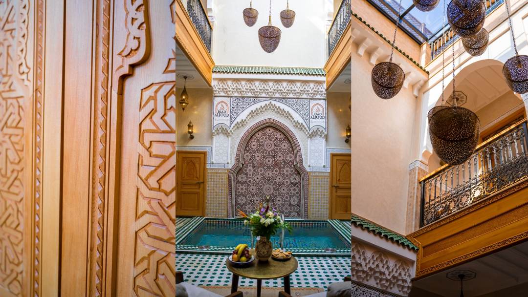Riad Al Joud : porte en bois sculpté, patio et bassin en zellige, galeries et lanternes