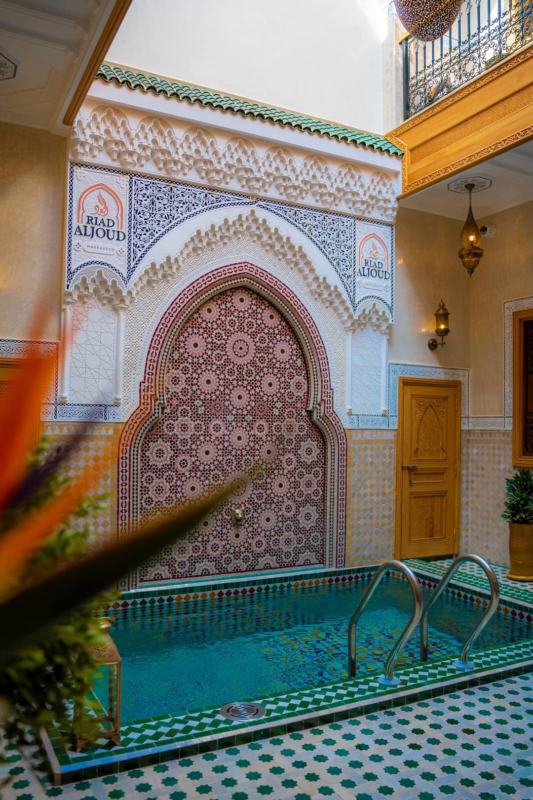 The Riad Al Joud courtyard with its zellige fountain and pool, Marrakech medina